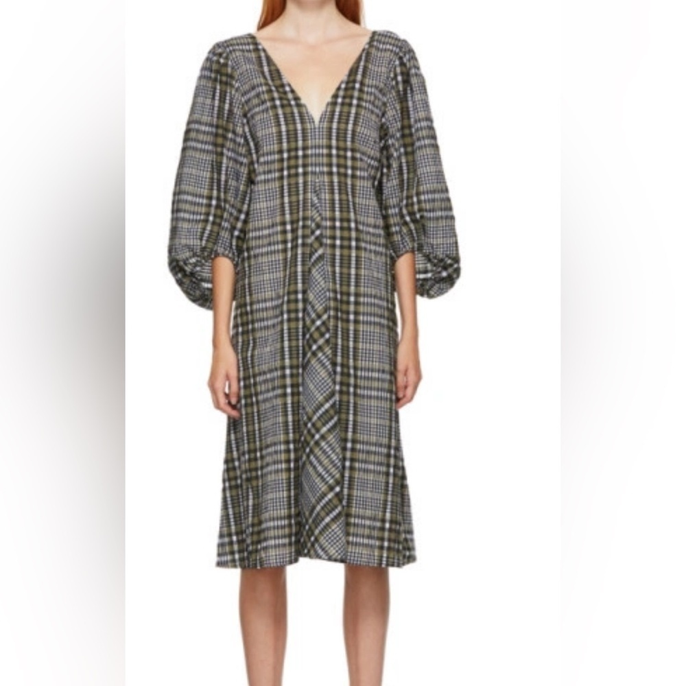 Ganni Plaid Print Midi Length Dress size 32. A17